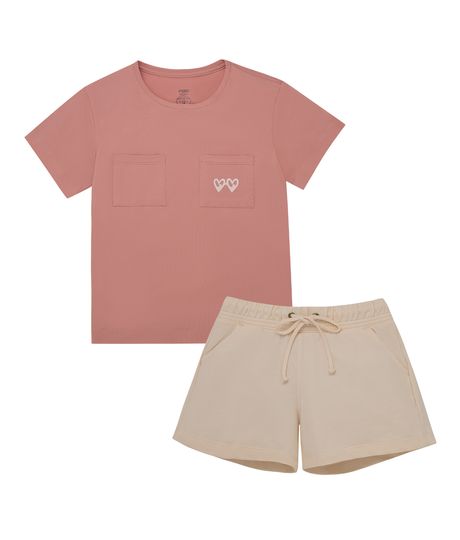 Conjunto camiseta manga corta con bolsillos + short con pretina ancha silueta ampliapara niña