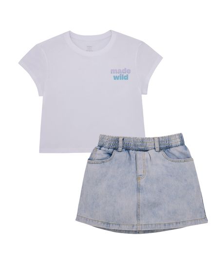 Conjunto-de-camiseta-y-falda-para-niña-Ropa-nina-Blanco