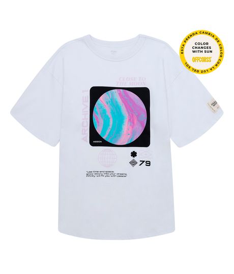 Camiseta-manga-corta-oversize-con-estampado-que-aparece-en-el-sol-para-niña-Ropa-nina-Blanco